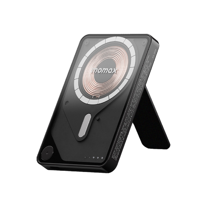 Momax Power X Pro Magnetic Wireless Battery Pack 5000mAm with Stand and Built-in USB-C Cable Magnetic Charging Battery - Black