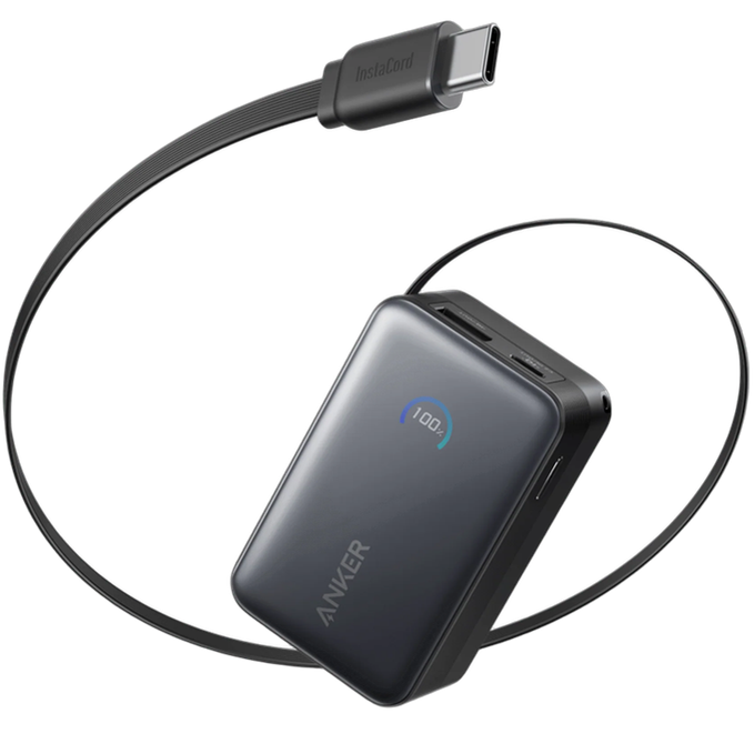 Anker Nano 10000mAh 45W Emergency Charger with Built-in USB-C Cable - Black