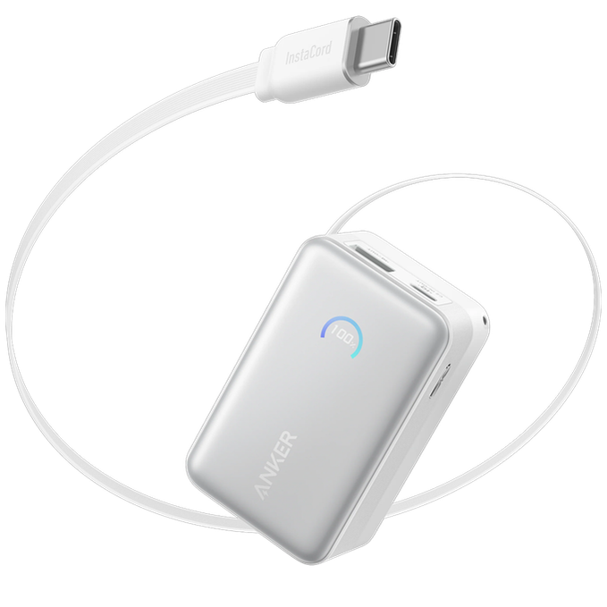 Anker Nano 10000mAh 45W Emergency Charger with Built-in USB-C Cable - White
