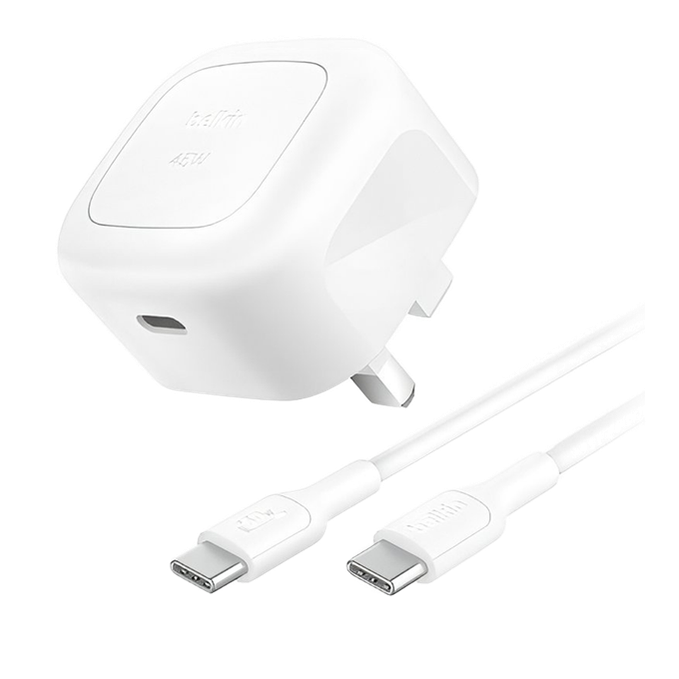 Belkin BoostCharge CUBIC 45W USB-C PD GaN Fast Charger with PPS + 1m c-c cable - White