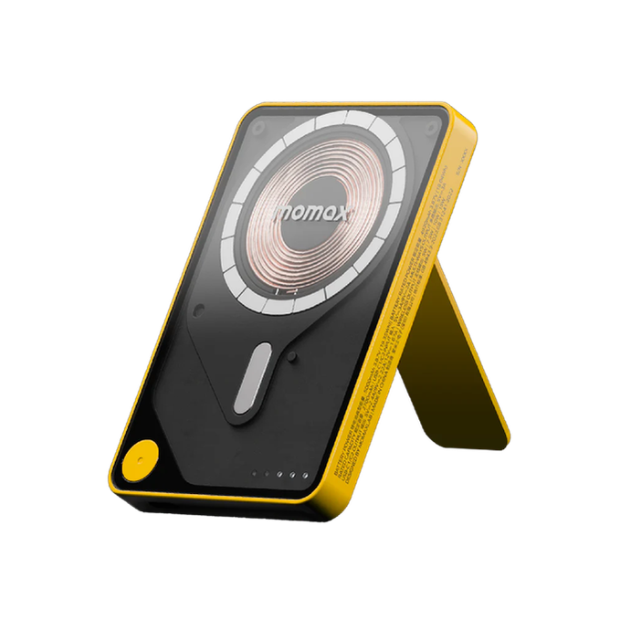 Momax Power X Pro Magnetic Wireless Battery Pack 5000mAm with Stand and Built-in USB-C Cable Magnetic Charging Battery - Yellow