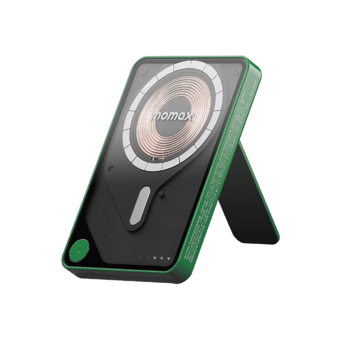Momax Power X Pro Magnetic Wireless Battery Pack 5000mAm with Stand and Built-in USB-C Cable Magnetic Charging Battery - Green