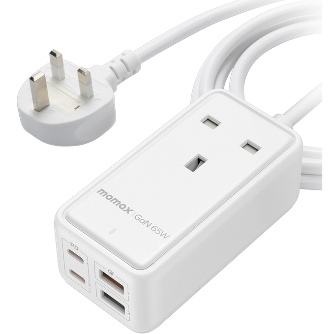 Momax ONEPLUG 65W GaN Extension Cord with USB - White