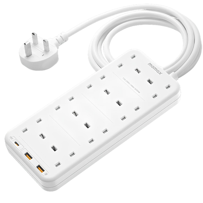 Momax ONEPLUG 8-Port Power Strip with USB 8-Outlet Car Power Supply - White