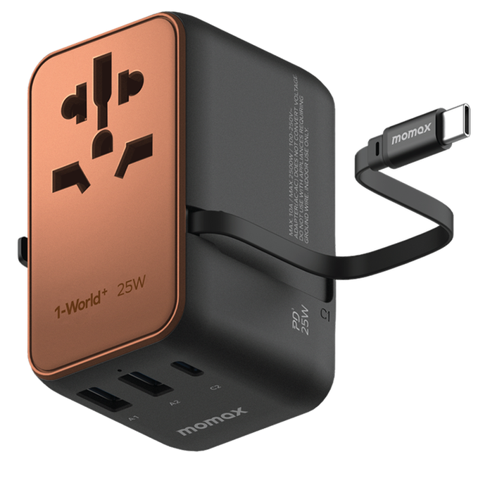 Momax World+ 25W 3-Port Charger with Built-in USB-C Cable + AC Travel Adapter Charger with Built-in Cable - Gold