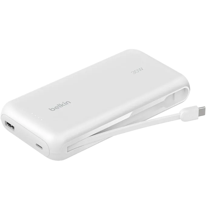 Belkin Power Bank 20K 30W with Integrated Cable - White
