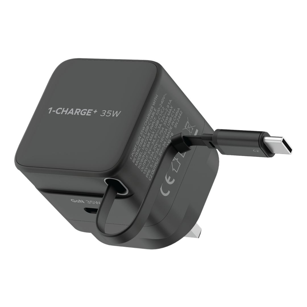 Momax CHARGE & Port GaN 35W Charger with Retractable USB-C Cable (1 x USB-C Port, 1 x USB-C Cable) (Charger with Built-in Cable) (UM72UKD)