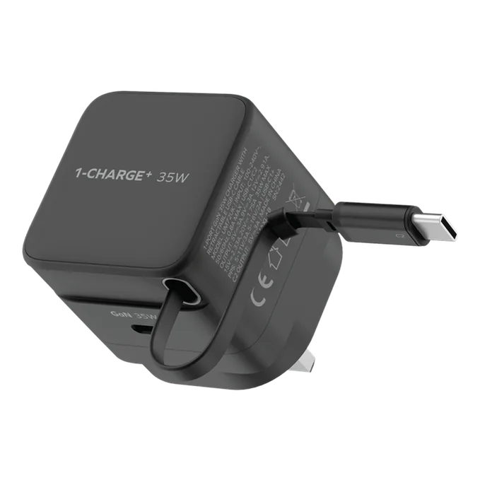 Momax CHARGE & Port GaN 35W Charger with Retractable USB-C Cable (1 x USB-C Port, 1 x USB-C Cable) (Charger with Built-in Cable) (UM72UKD)