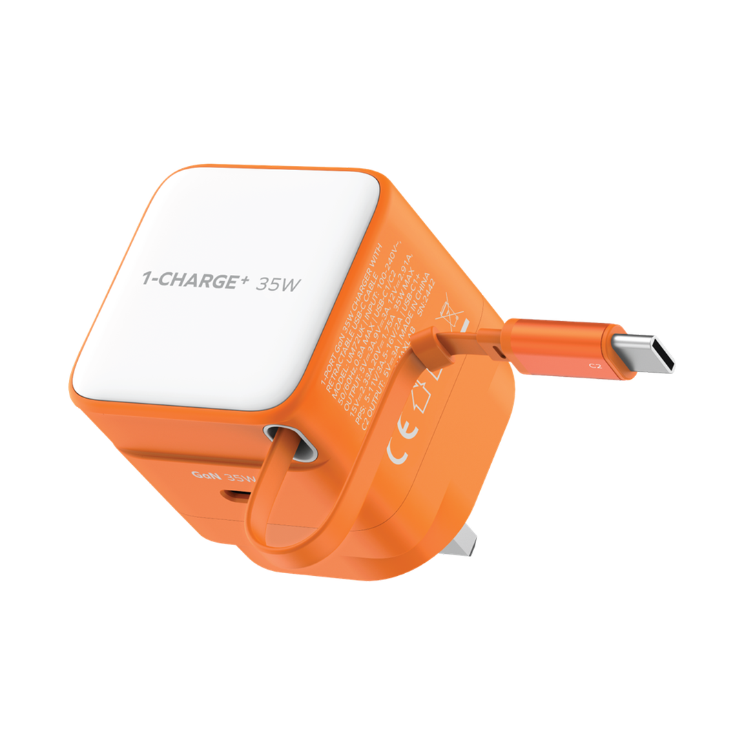 Momax CHARGE & Port GaN 35W Charger with Retractable USB-C Cable (1 x USB-C Port, 1 x USB-C Cable) (Charger with Built-in Cable)