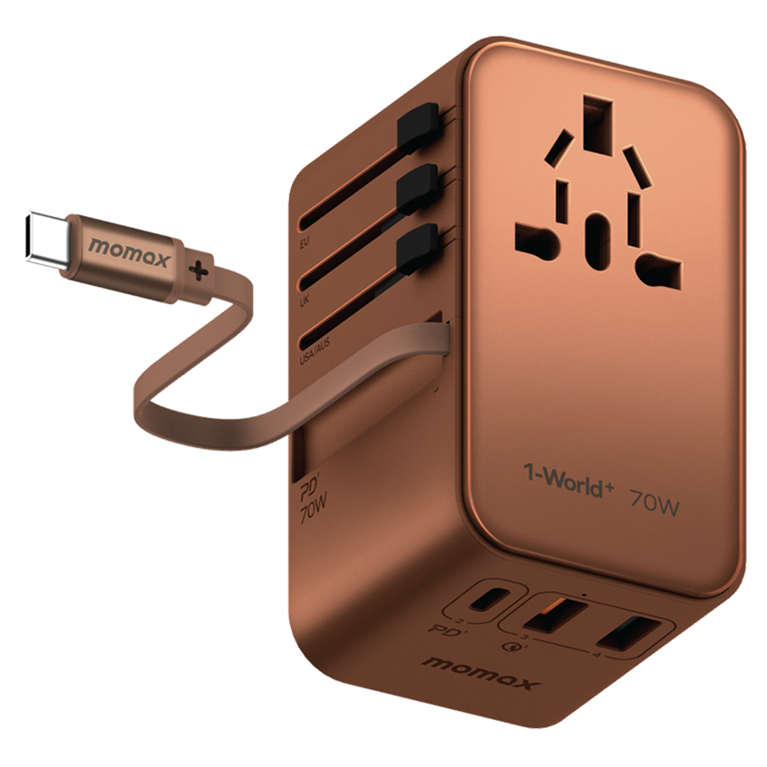 Momax World+ 70W GaN 3-Port Power Supply with Built-in USB-C Cable + AC Travel Adapter Charger with Built-in Cable