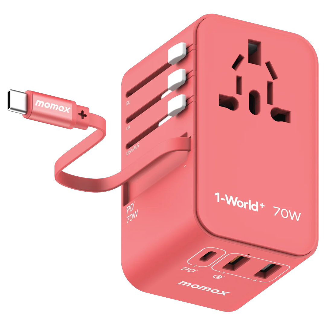 Momax 1-World+ 70W GaN 3-Port Charger with Built-in USB-C Cable + Travel AC Adapter  Charger Split