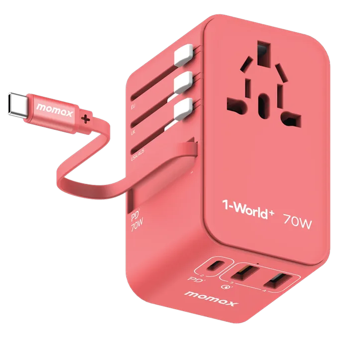 Momax 1-World+ 70W GaN 3-Port Charger with Built-in USB-C Cable + Travel AC Adapter Charger Split