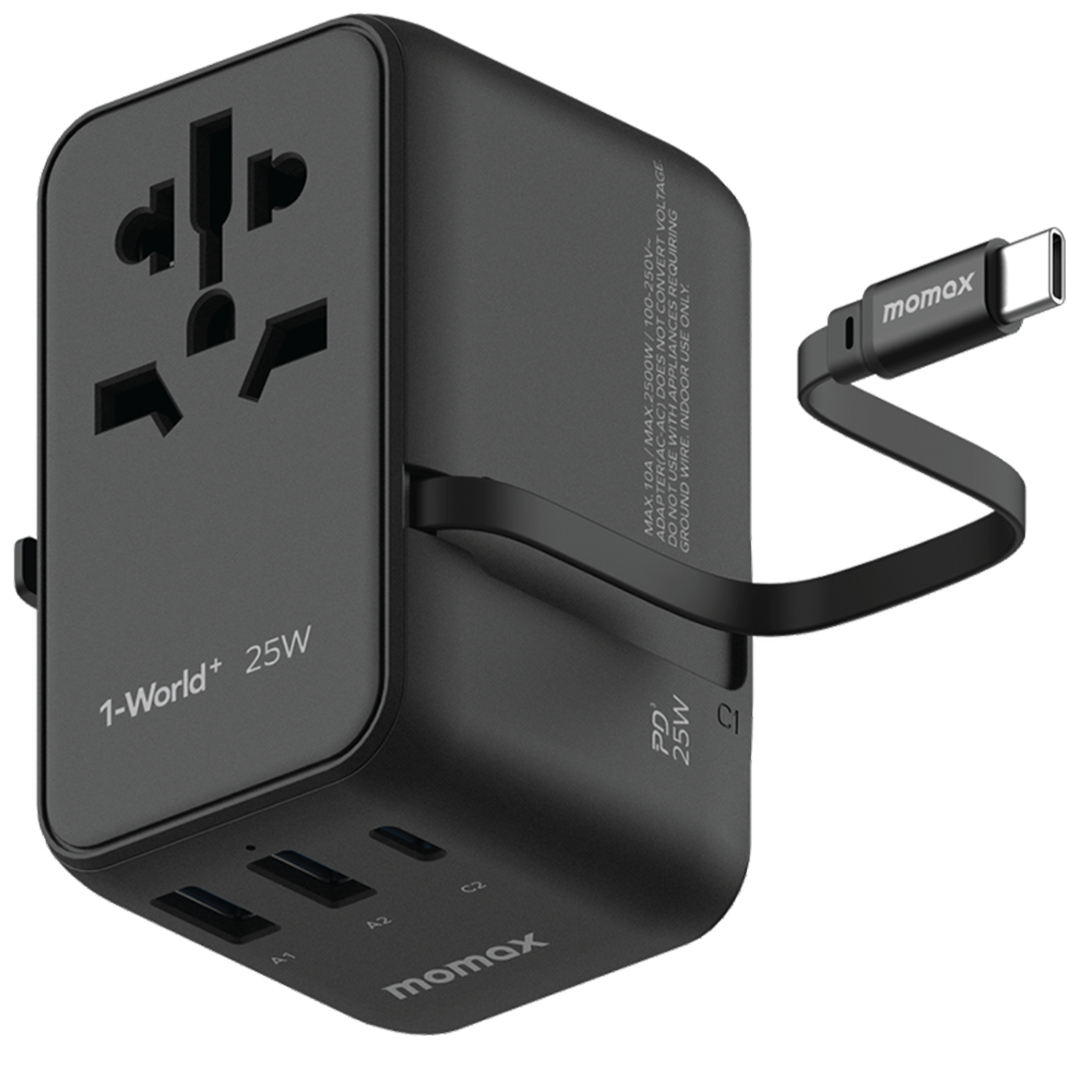 Momax World+ 25W 3-Port Charger with Built-in USB-C Cable + AC Travel Adapter Charger with Built-in Cable