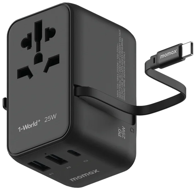 Momax World+ 25W 3-Port Charger with Built-in USB-C Cable + AC Travel Adapter Charger with Built-in Cable - Black