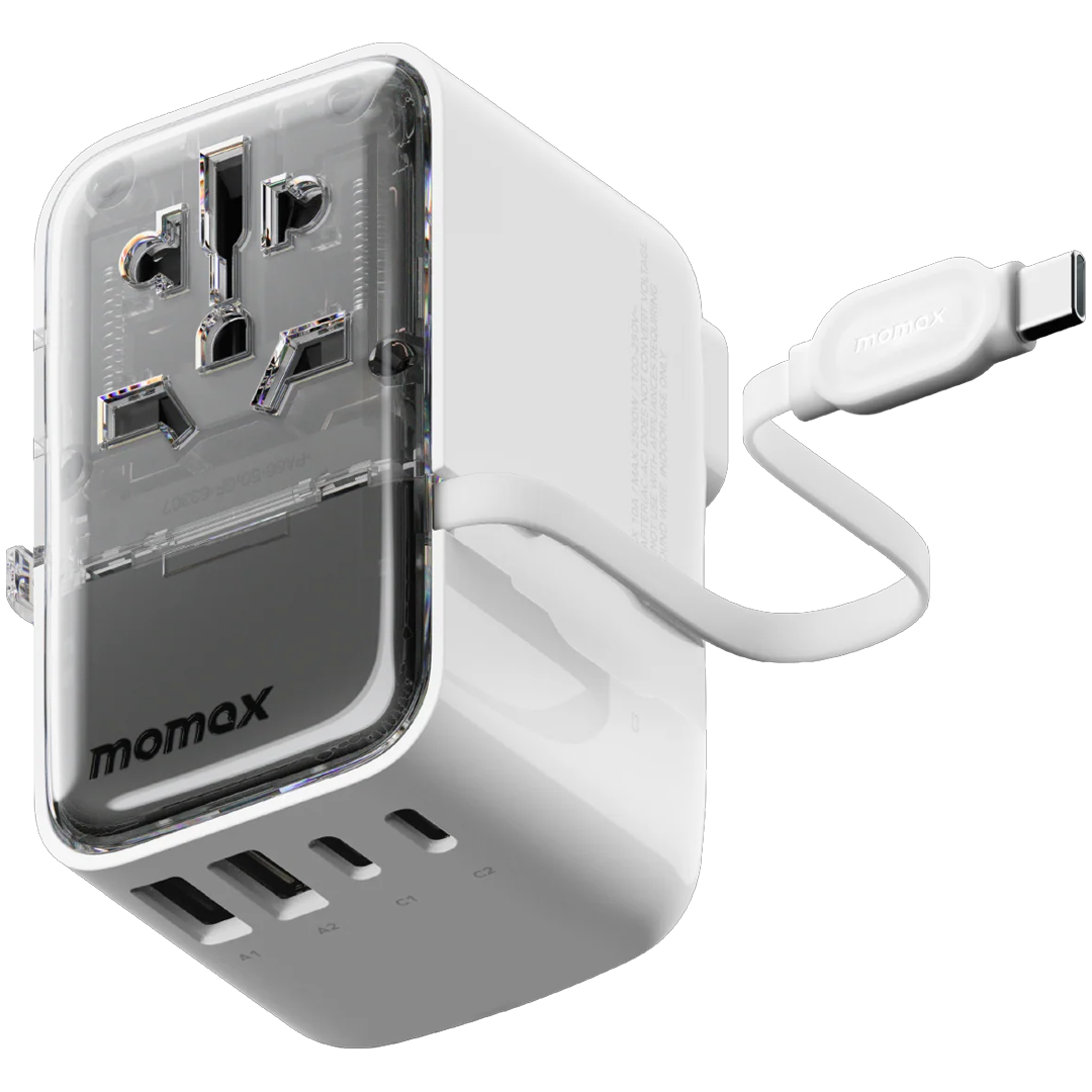 Momax World+ Flow 35W 4-Port Charger with Built-in USB-C Cable + AC Travel Adapter  Charger with Built-in Cable