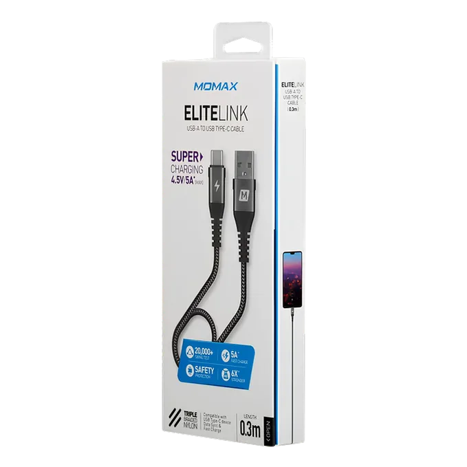 Momax USB-C 5A 0.3M USB-A to Type-C cable, 0.3 meters long